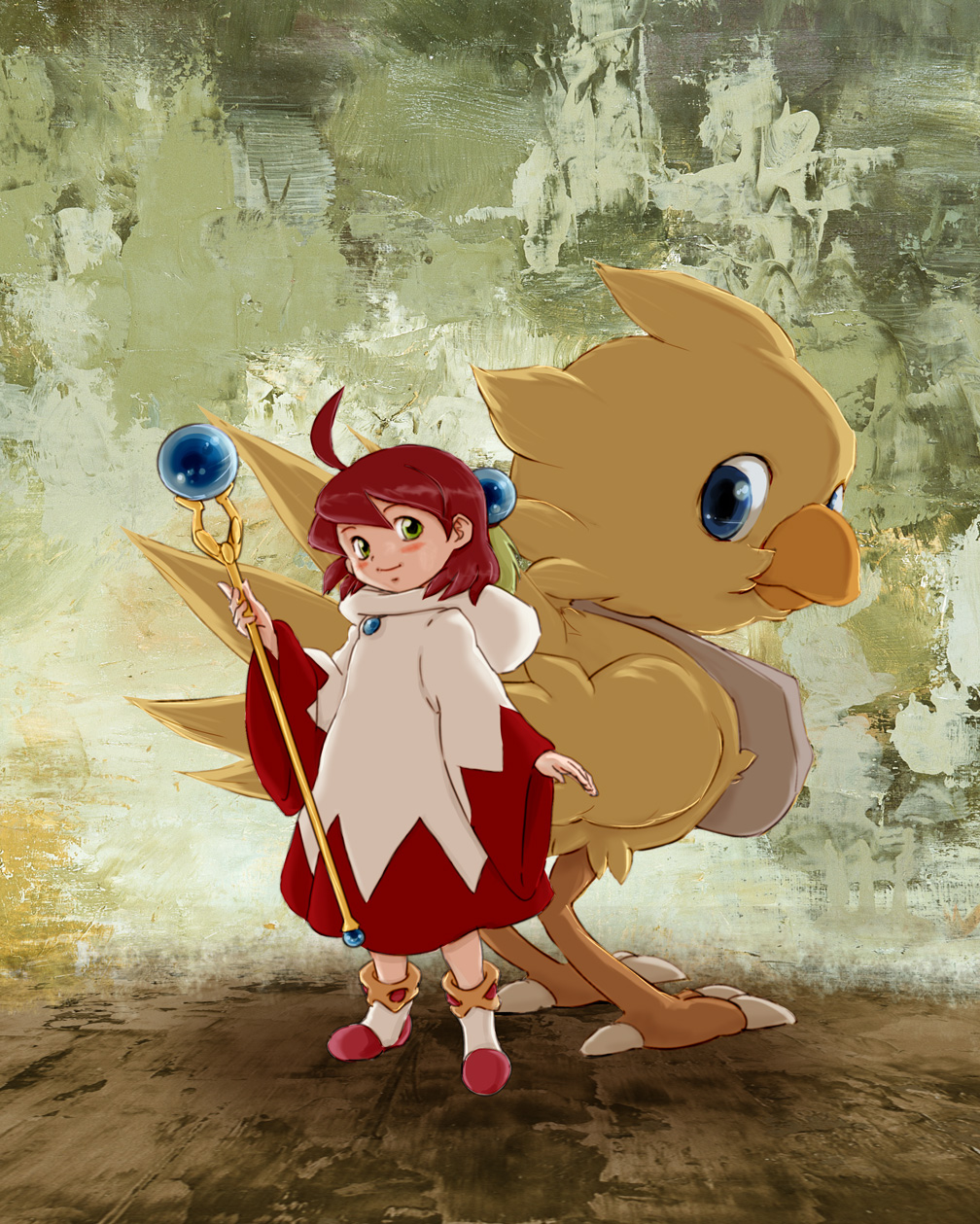 1girl, ahoge, blush, boots, chocobo, closed_mouth, final_fantasy, final_fantasy_fables