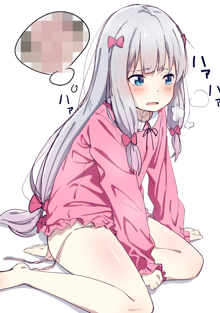 1girl, bangs, bare_legs, barefoot, between_legs, blue_eyes, blush, bow