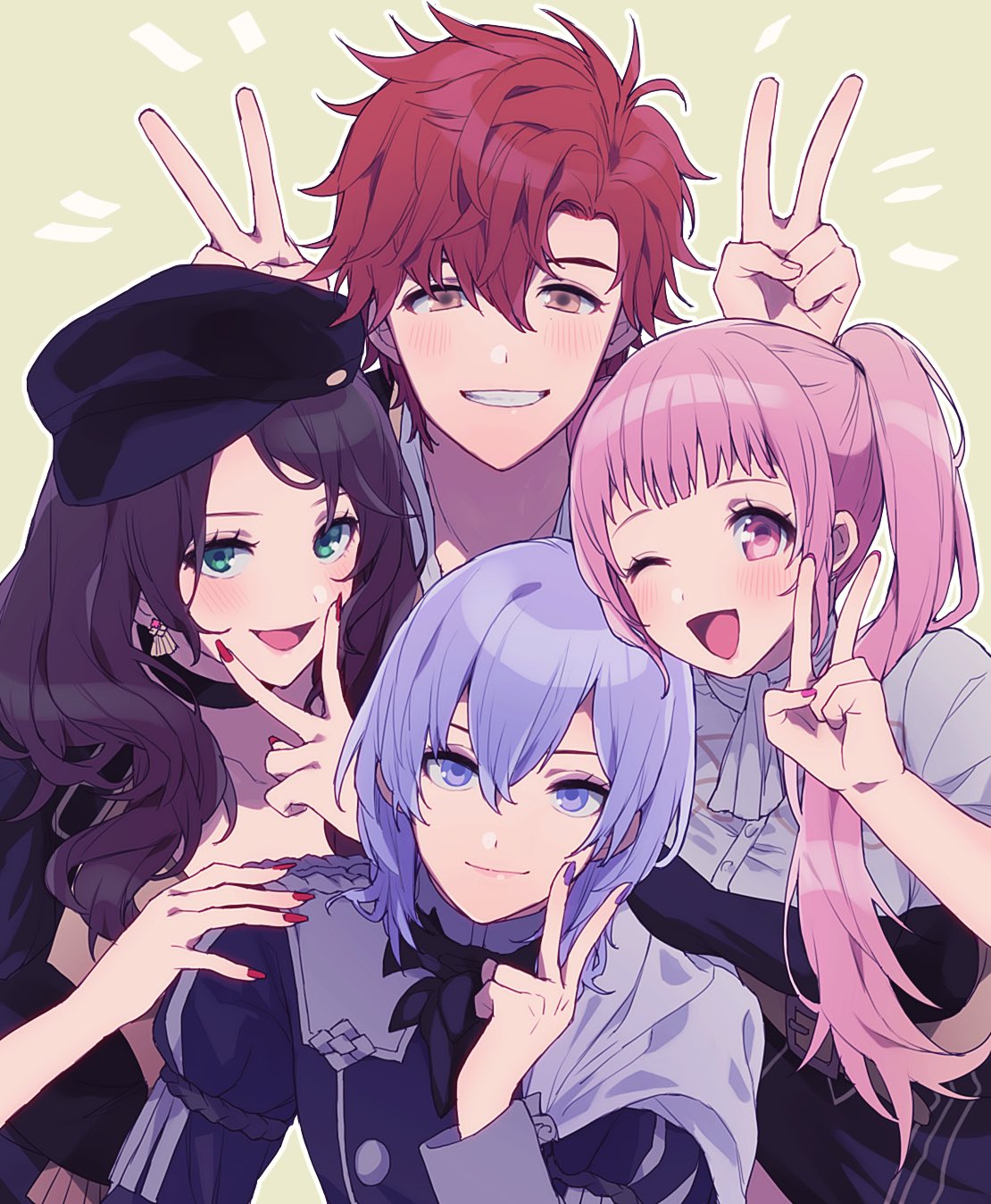 2boys, 2girls, belt, black_headwear, brown_hair, choker, closed_mouth, dorothea_arnault, double_v, earrings, fire_emblem, fire_emblem:_three_houses, garreg_mach_monastery_uniform, green_eyes, grin, hat, highres, hilda_valentine_goneril, jewelry, long_hair, long_sleeves, multiple_boys, multiple_girls, nail_polish, one_eye_closed, open_mouth, pink_eyes, pink_hair, purple_hair, redhead, short_hair, simple_background, smile, sylvain_jose_gautier, tokika_asr, twintails, uniform, upper_body, v, violet_eyes, yuri_(fire_emblem)