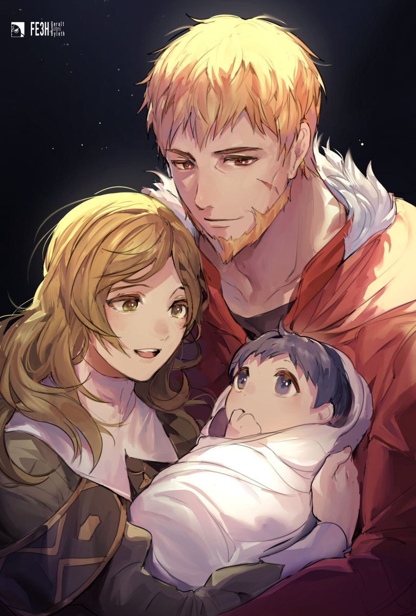 1boy, 1girl, 1other, absurdres, baby, beard, blue_eyes, blue_hair