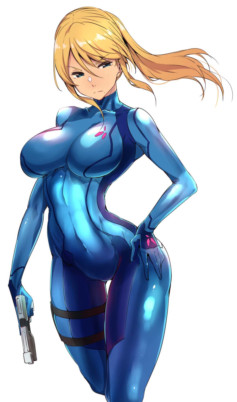 1girl, bangs, blonde_hair, blue_bodysuit, blue_eyes, bodysuit, breasts, closed_mouth