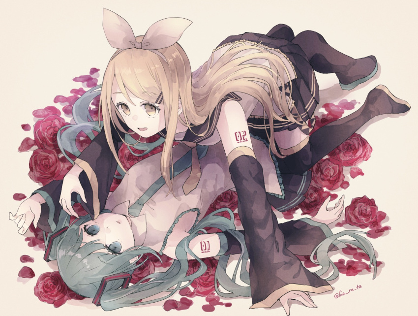 2girls, all_fours, alternate_hair_length, alternate_hairstyle, aqua_eyes, aqua_hair, bangs, bare_shoulders, belt, black_collar, black_legwear, black_skirt, black_sleeves, blonde_hair, bow, collar, commentary, detached_sleeves, flower, from_above, full_body, grey_shirt, hair_bow, hair_ornament, hairclip, haruta_(user_dndp3458), hatsune_miku, kagamine_rin, long_hair, looking_at_viewer, lying, multiple_girls, necktie, on_back, on_flower, open_mouth, petals, rose, sailor_collar, shirt, shoulder_tattoo, skirt, sleeveless, sleeveless_shirt, smile, swept_bangs, tattoo, thigh-highs, twintails, very_long_hair, vocaloid, white_bow, white_shirt, yellow_eyes, yellow_neckwear, yuri