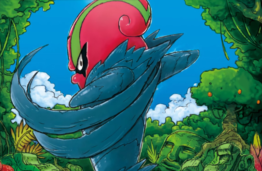 accelgor, blue_sky, clouds, cloudy_sky, commentary, creature, day, english_commentary, feet_out_of_frame, food, fruit, gen_5_pokemon, koizumi_tetsuya, looking_at_viewer, looking_back, multiple_sources, no_humans, official_art, outdoors, plant, pokemon, pokemon_(creature), pokemon_trading_card_game, sky, solo, standing, third-party_source, tree