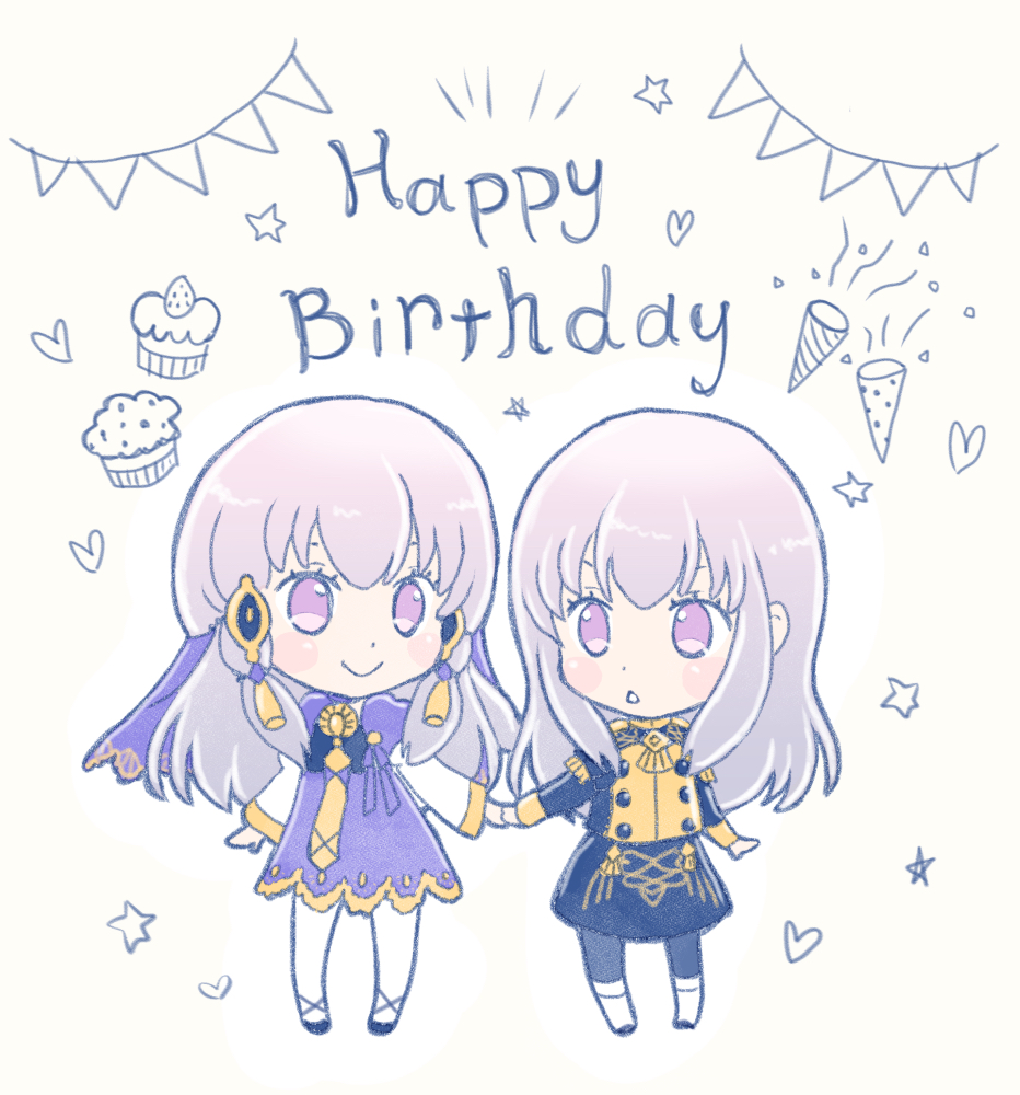 2girls, age_comparison, chibi, closed_mouth, cupcake, dress, dual_persona, fire_emblem