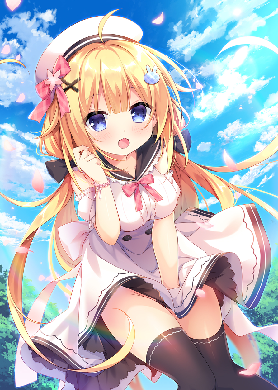 1girl, :d, ahoge, beret, between_legs, black_legwear, black_sailor_collar, blonde_hair, blue_eyes, blue_sky, blush, bow, bracelet, breasts, bunny_hair_ornament, clouds, cloudy_sky, commentary_request, day, detached_sleeves, dress, flower, hair_bow, hair_ornament, hairclip, hand_between_legs, hand_up, hat, highres, jewelry, leaning_forward, long_hair, medium_breasts, moe2020, open_mouth, original, outdoors, pink_flower, plaid, plaid_bow, puffy_short_sleeves, puffy_sleeves, red_bow, sailor_collar, sailor_dress, short_sleeves, sky, sleeveless, sleeveless_dress, smile, solo, thigh-highs, umeko_machi, very_long_hair, white_headwear, white_sleeves, x_hair_ornament