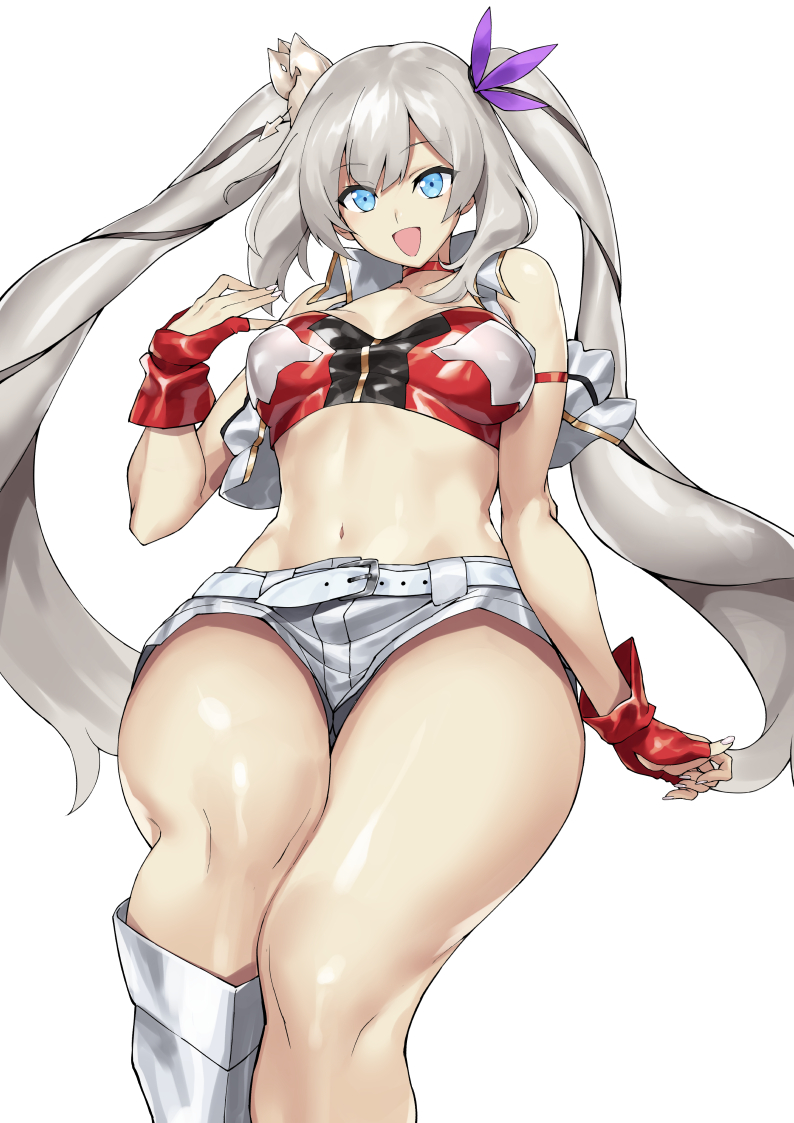 1girl, :d, bangs, bare_shoulders, belt, blue_eyes, bnc_(bunshi), breasts