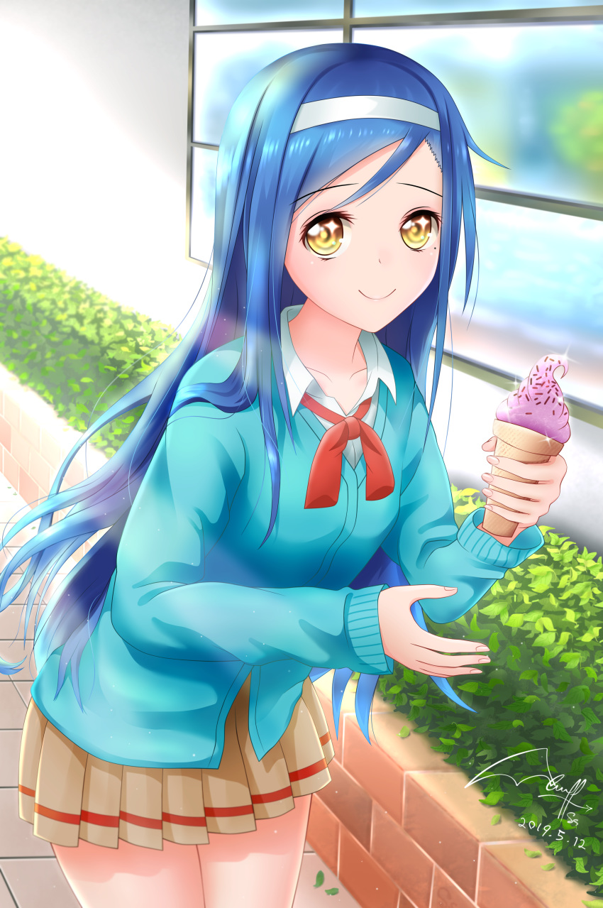 1girl, absurdres, blue_hair, blue_shirt, bokutachi_wa_benkyou_ga_dekinai, brown_skirt, dated, day