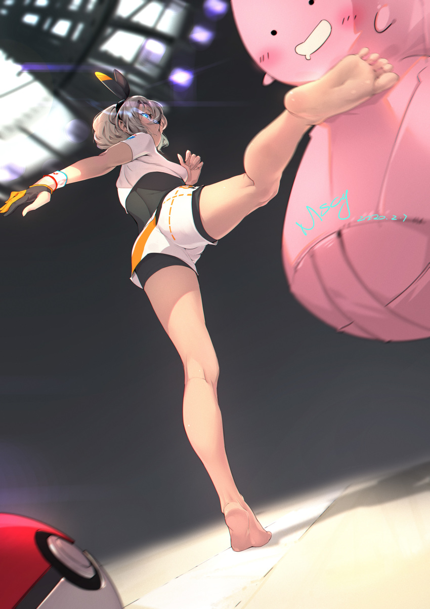 1girl, absurdres, barefoot, bike_shorts, blue_eyes, dated, from_behind, full_body
