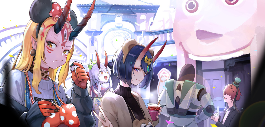 +15, 2boys, 3girls, alien_(toy_story), amusement_park, bangs, blonde_hair, blush