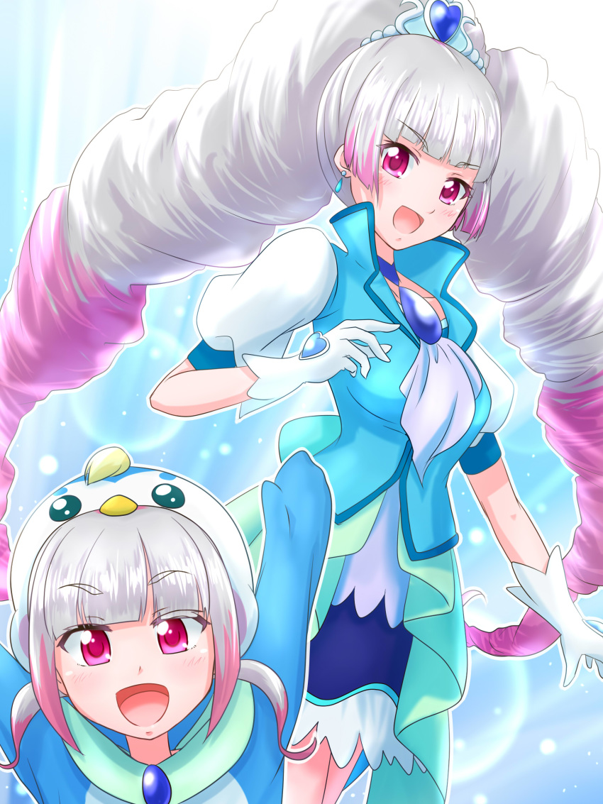 2girls, :d, absurdres, alternative_girls, animal_costume, back_bow, bangs, blue_background