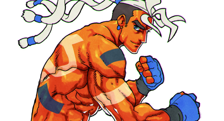 1boy, blue_eyes, bodypaint, dark_skin, dark_skinned_male, fatal_fury, fingerless_gloves, gloves, hairlocs, highres, ponytail, rick_strowd, solo, upper_body, white_hair, zehb_br