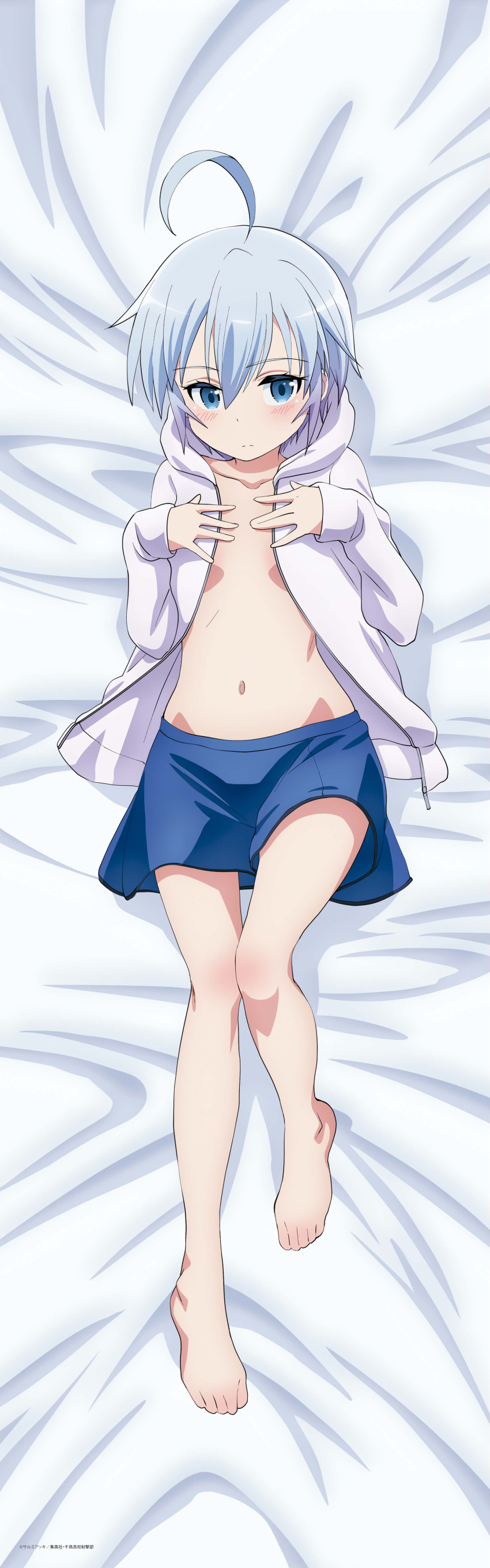 1girl, absurdres, ahoge, bare_legs, barefoot, bed_sheet, blue_eyes, blue_skirt