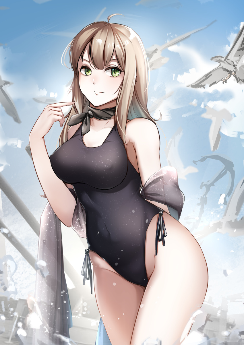 1girl, absurdres, black_swimsuit, blonde_hair, breasts, collarbone, green_eyes, highres