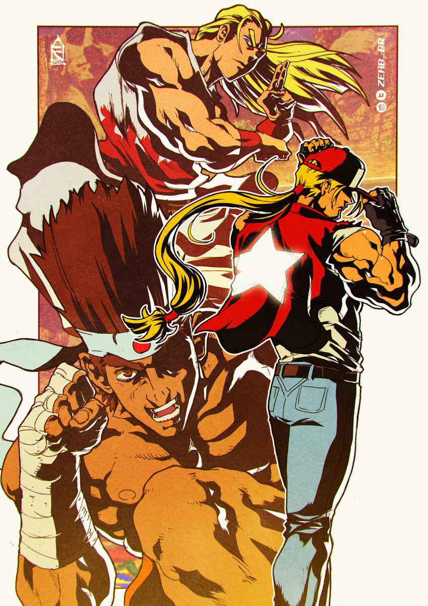 3boys, andy_bogard, bandages, baseball_cap, blonde_hair, denim, fatal_fury, fingerless_gloves