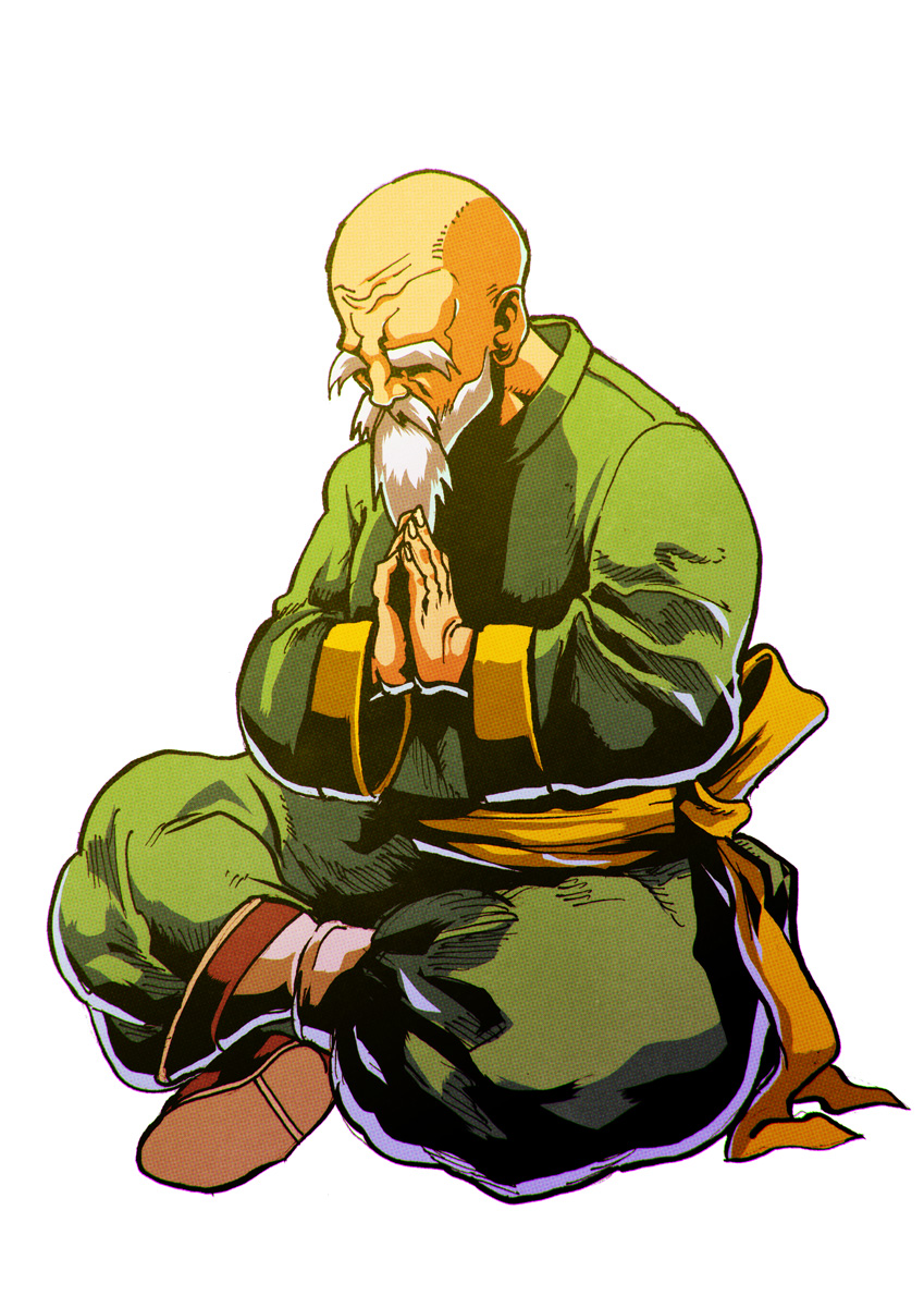 1boy, bald, beard, closed_eyes, facial_hair, fatal_fury, green_tunic, hands_clasped