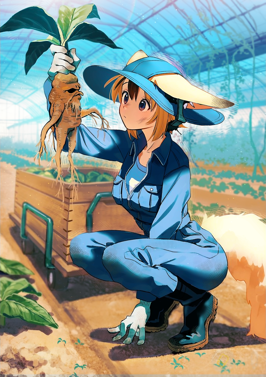 1girl, arm_up, between_legs, black_footwear, blonde_hair, blue_eyes, blue_headwear, boots, breast_pocket, brown_hair, closed_mouth, commentary_request, creature, dirty_clothes, dirty_face, ear_protection, ears_through_headwear, full_body, gloves, greenhouse, hand_between_legs, hat, highres, holding, jumpsuit, long_sleeves, mandrake, multicolored_hair, nashigaya_koyomi, original, partially_unzipped, pocket, pushcart, rubber_boots, short_hair, solo, squatting, sun_hat, tail, two-tone_hair, white_gloves, wooden_box, zipper