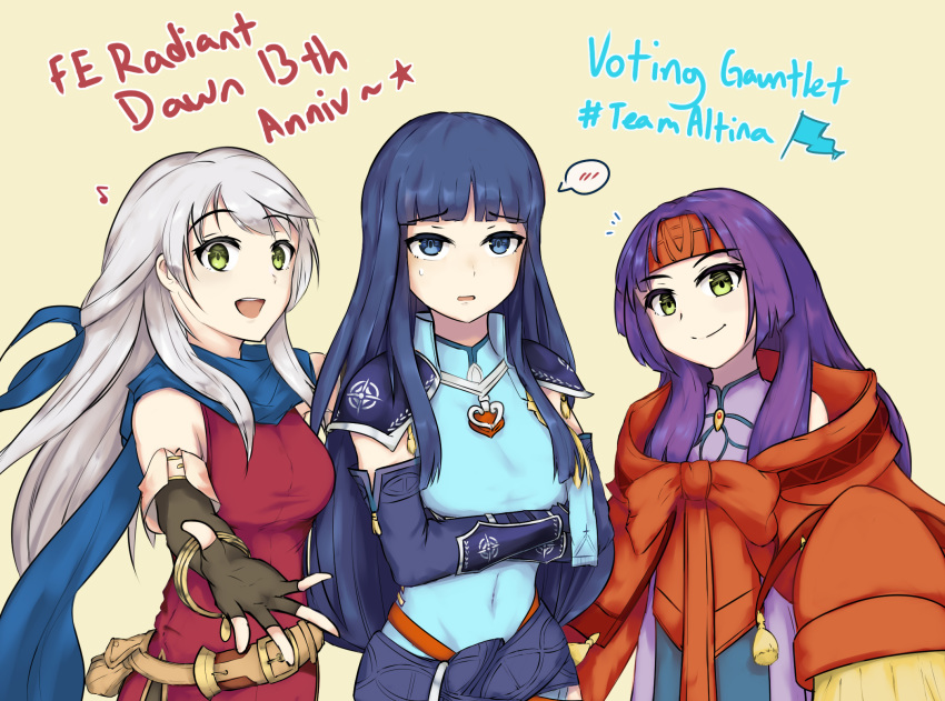 3girls, :d, altina, anniversary, arm_guards, bangle, belt, black_gloves, black_legwear, blue_eyes, blue_hair, blue_scarf, bracelet, copyright_name, covered_navel, dress, elbow_gloves, fire_emblem, fire_emblem:_radiant_dawn, fire_emblem_heroes, gloves, hair_ribbon, half_updo, headband, highres, hime_cut, jewelry, long_hair, long_sleeves, looking_at_viewer, micaiah_(fire_emblem), mini_flag, multiple_girls, musical_note, open_mouth, outstretched_arm, oversized_clothes, poiramee, purple_hair, red_headband, ribbon, sanaki_kirsch_altina, scarf, shoulder_armor, side_slit, silver_hair, simple_background, sleeveless, sleeveless_dress, smile, sweatdrop, turtleneck, wide_sleeves, yellow_eyes