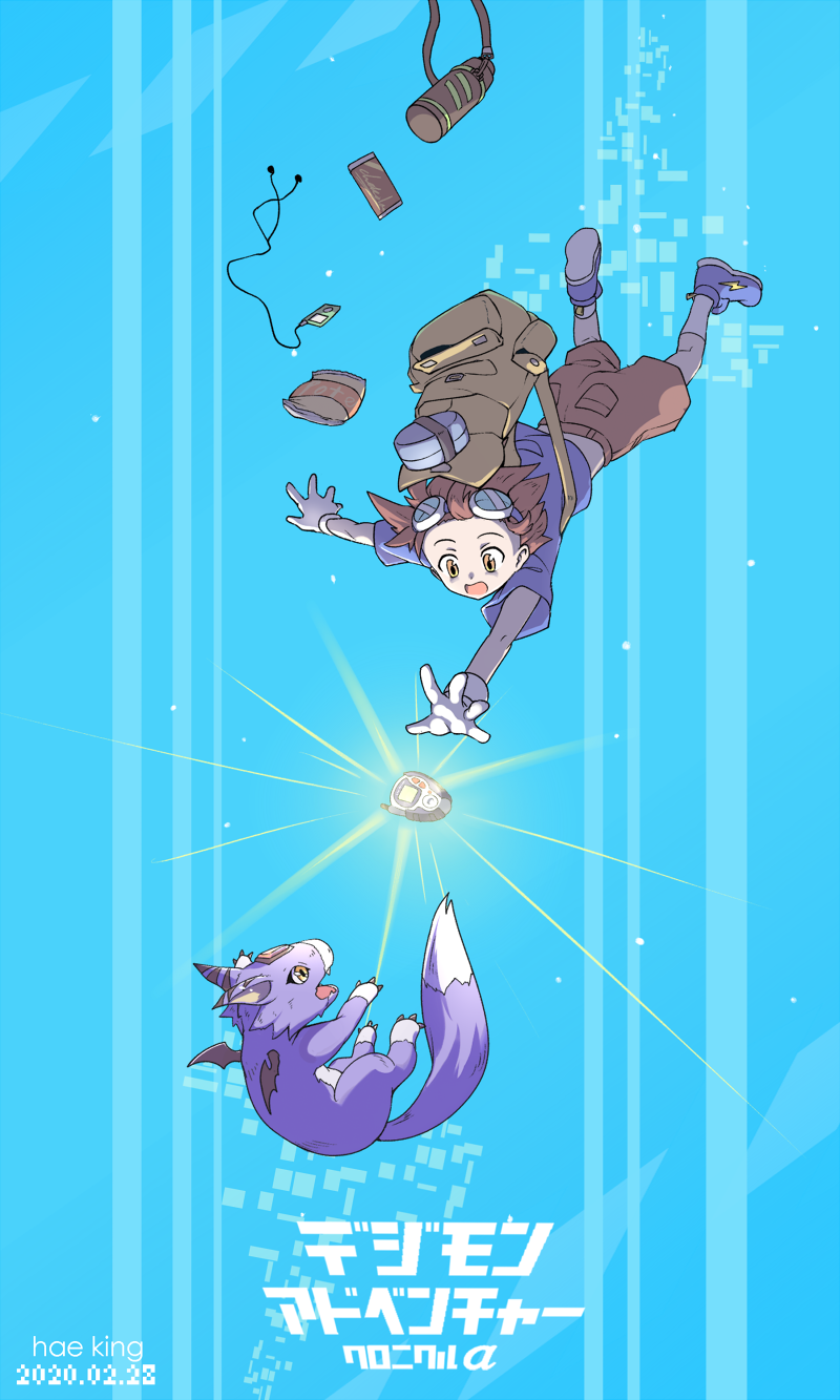 1boy, artist_name, bag, blue_background, blue_footwear, blue_shirt, brown_hair, brown_shorts