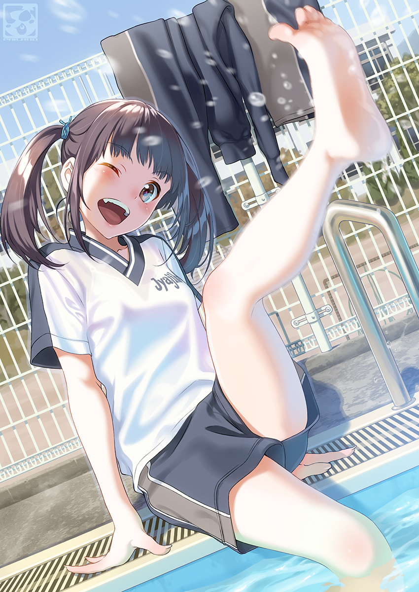 1girl, ;d, arm_support, artist_logo, artist_name, bangs, bare_legs, barefoot