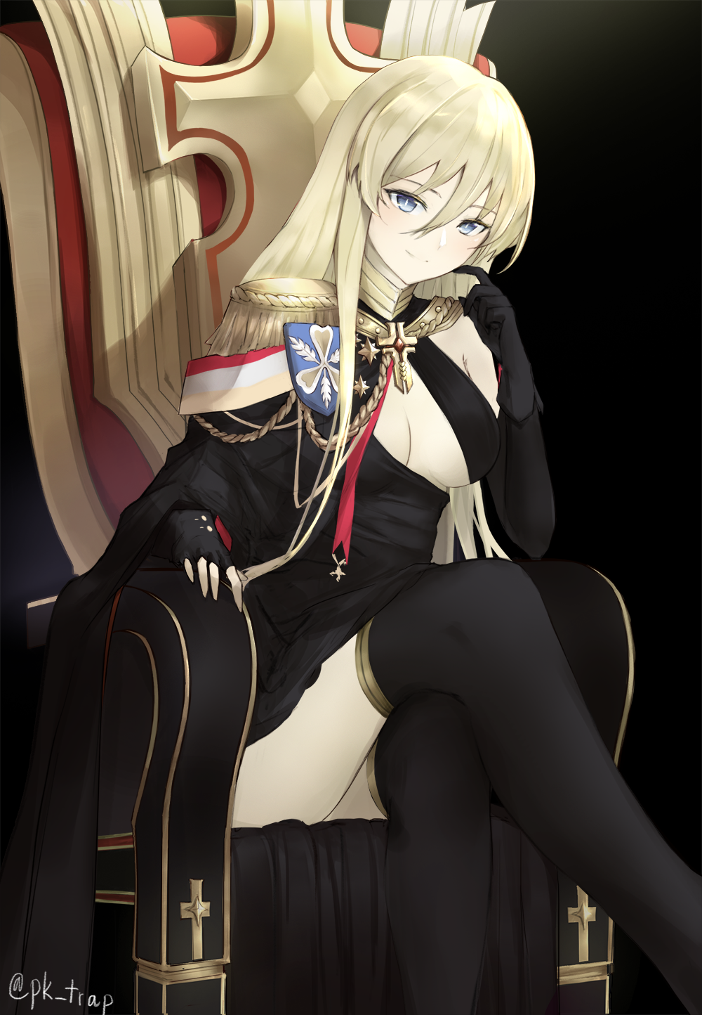 1girl, azur_lane, bismarck_(azur_lane), bismarck_(beacon_of_the_ironblood)_(azur_lane), black_background, black_gloves, black_legwear, blonde_hair, blue_eyes, boots, breasts, dress, gloves, highres, long_hair, looking_at_viewer, pantyhose, pk_trap, sitting, sitting_on_chest, small_breasts, smile, solo, thigh-highs, thigh_boots, thighs, tight