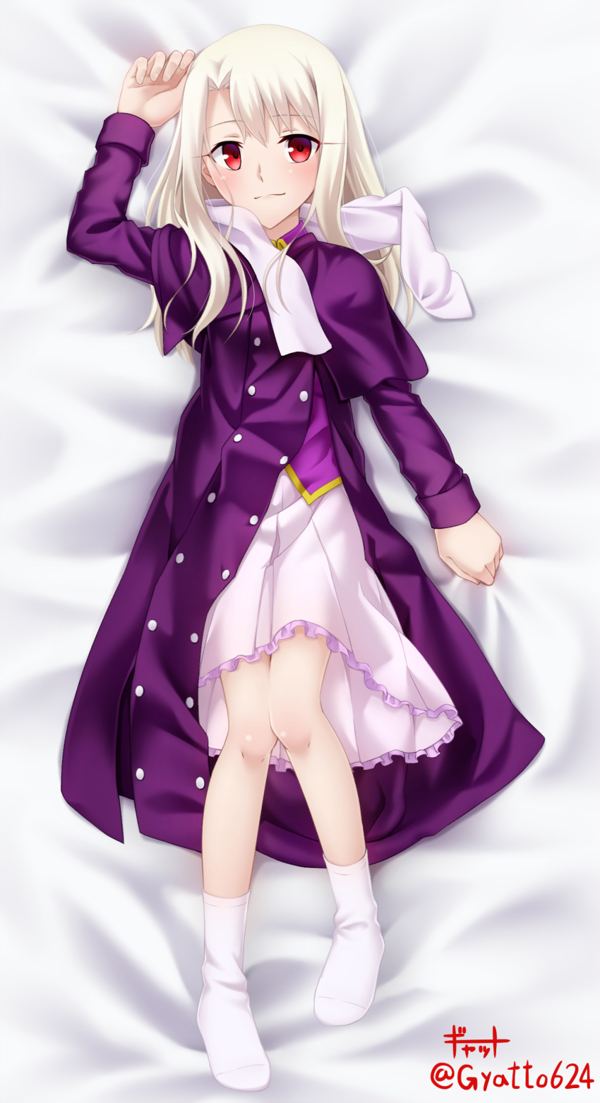 1girl, absurdres, arm_up, asymmetrical_bangs, bangs, blush, closed_mouth, dakimakura, eyebrows_visible_through_hair, eyelashes, fate/stay_night, fate_(series), frilled_skirt, frills, from_above, full_body, gyatto624, highres, illyasviel_von_einzbern, long_hair, long_sleeves, looking_at_viewer, lying, medium_skirt, on_back, pleated_skirt, purple_coat, purple_shirt, red_eyes, scarf, shirt, silver_hair, skirt, smile, socks, solo, twitter_username, white_legwear, white_scarf, white_skirt