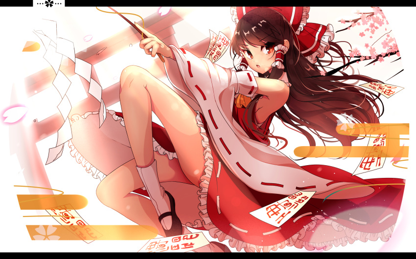 1girl, backlighting, bangs, black_footwear, bow, breasts, brown_hair, detached_sleeves