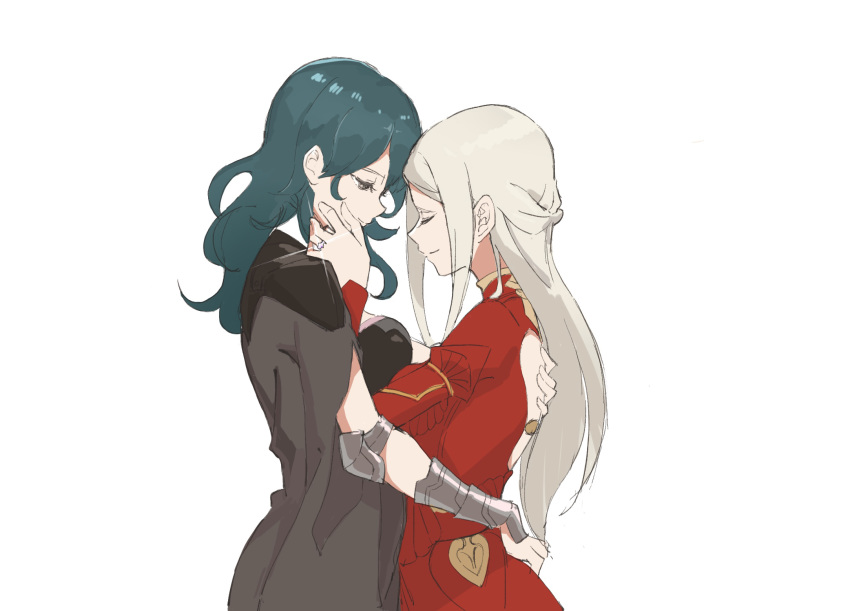 2girls, aqua_hair, arm_guards, arms_around_waist, back_cutout, byleth_(fire_emblem), byleth_eisner_(female), chocotto715, closed_eyes, couple, edelgard_von_hresvelg, fire_emblem, fire_emblem:_three_houses, highres, hug, jewelry, lens_flare, multiple_girls, ring, silver_hair, simple_background, smile, upper_body, yuri