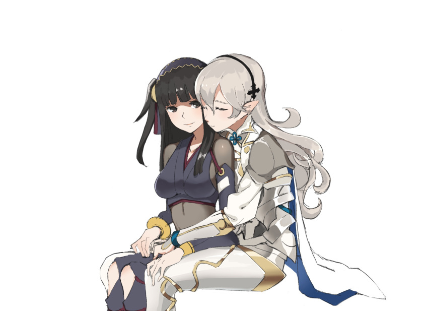 2girls, alternate_costume, armor, bodystocking, breasts, cape, chocotto715, closed_eyes