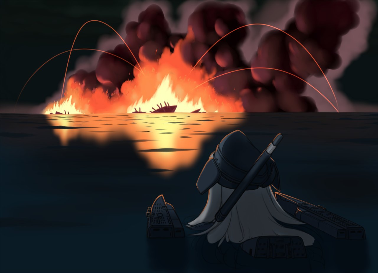 blonde_hair, explosion, fire, garrison_cap, hat, kantai_collection, long_hair, looking_away, ocean, partially_submerged, porusasu, rigging, sinking, smoke, u-511_(kantai_collection), water