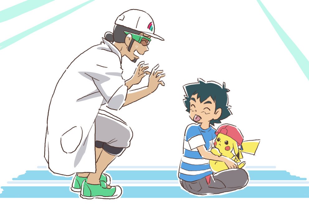 2boys, baseball_cap, black_hair, blowing_raspberry, closed_eyes, djmn_c, gen_1_pokemon, green_footwear