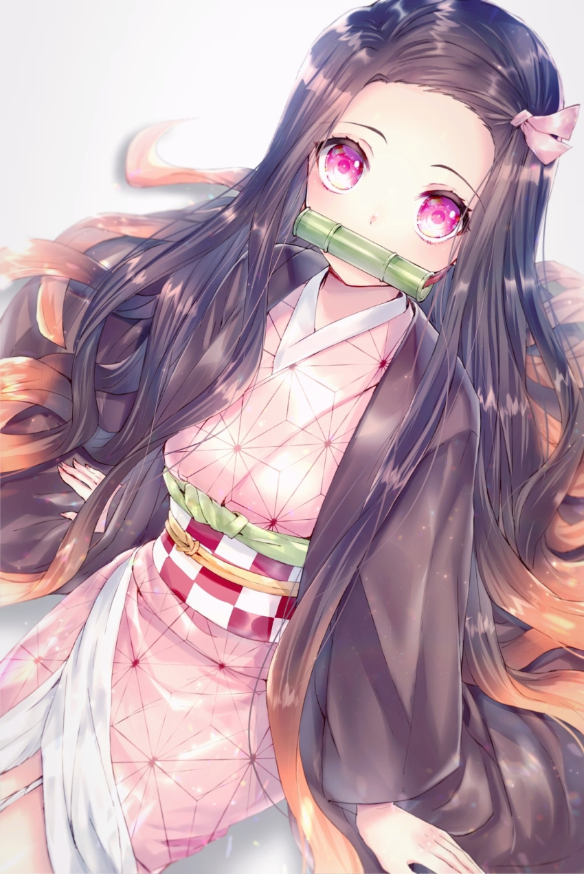 1girl, asa_no_ha_(pattern), bamboo, bit_gag, black_hair, black_haori, checkered, checkered_obi