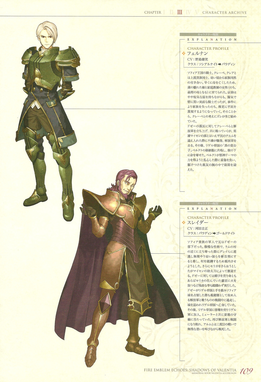 2boys, armor, arms_behind_back, beard, cape, character_profile, crazy_eyes, facial_hair