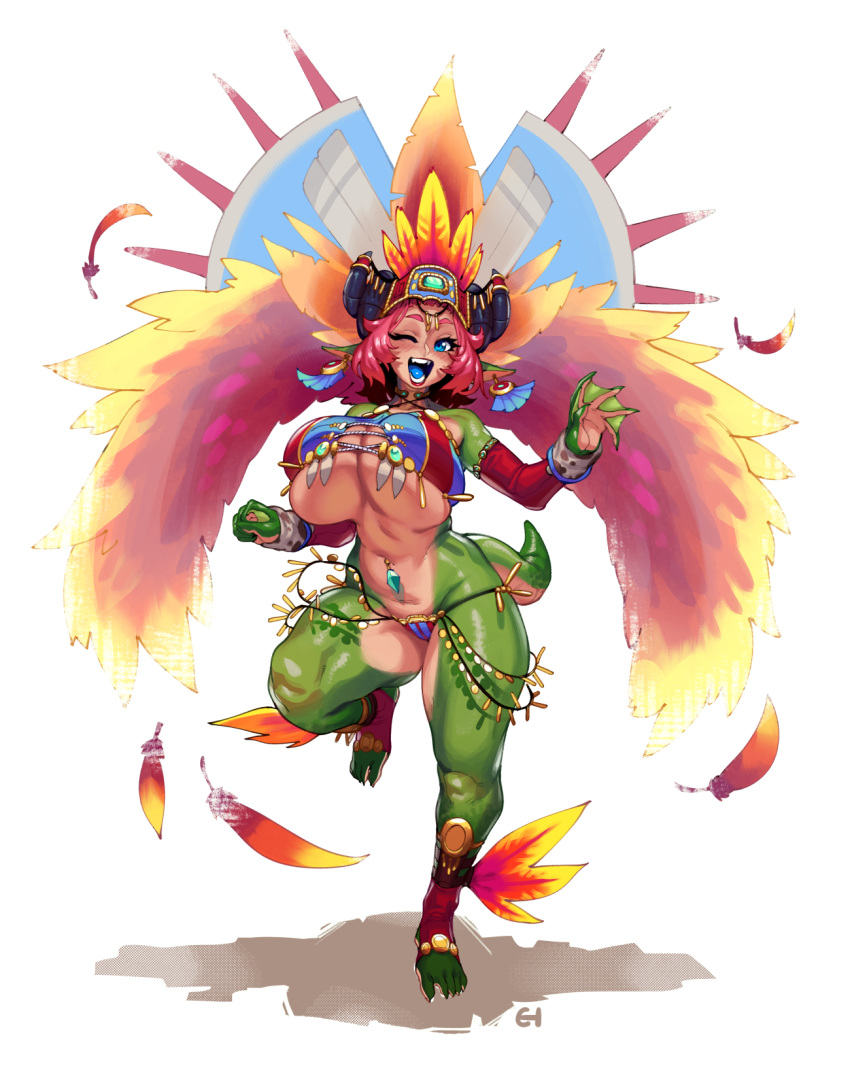1girl, ankle_wings, barefoot, bikini, blue_eyes, blue_tongue, breasts, carnival