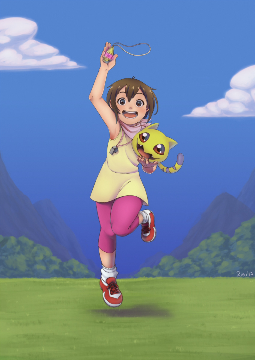 absurdres, armpits, blush, brown_eyes, brown_hair, clouds, digimon, digimon_adventure