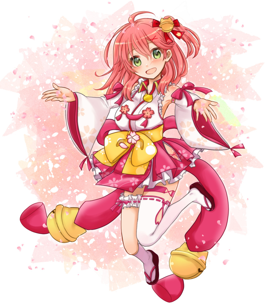 1girl, ahoge, armpits, bare_shoulders, bell, blush, cherry_blossom_print, detached_sleeves