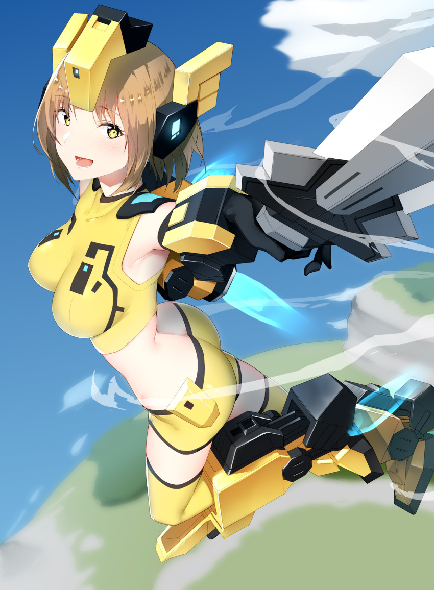 1girl, :d, armor, ass, breasts, brown_hair, cosmic_break, from_side