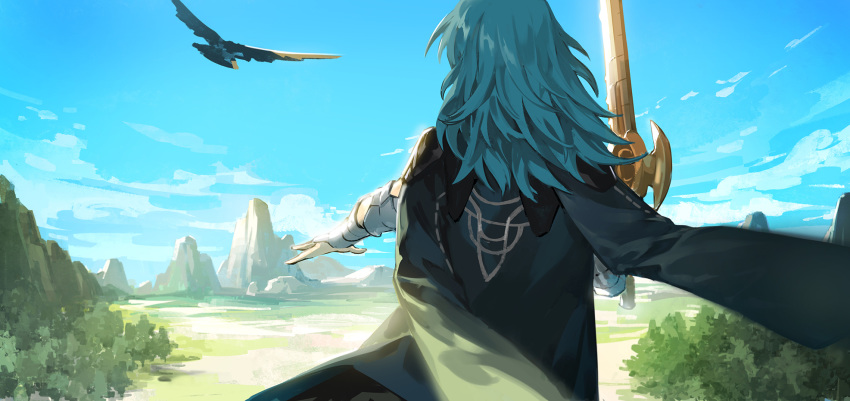 1girl, bird, blue_hair, blue_sky, byleth_(fire_emblem), byleth_eisner_(female), clouds, day