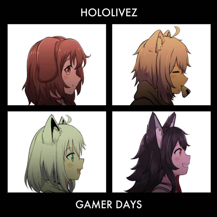 4girls, absurdres, ahoge, album_cover, animal_ear_fluff, animal_ears, black_hair, blue_eyes, brown_eyes, brown_hair, cat_ears, cat_girl, closed_eyes, cover, dog_ears, dog_girl, eyebrows_visible_through_hair, food, food_in_mouth, fox_ears, fox_girl, from_side, gorillaz, highres, hololive, inugami_korone, long_hair, medium_hair, multiple_girls, nekomata_okayu, noredji, onigiri, ookami_mio, parody, shirakami_fubuki, smile, style_parody, teeth, title_parody, virtual_youtuber, white_hair, wolf_ears, wolf_girl, yellow_eyes