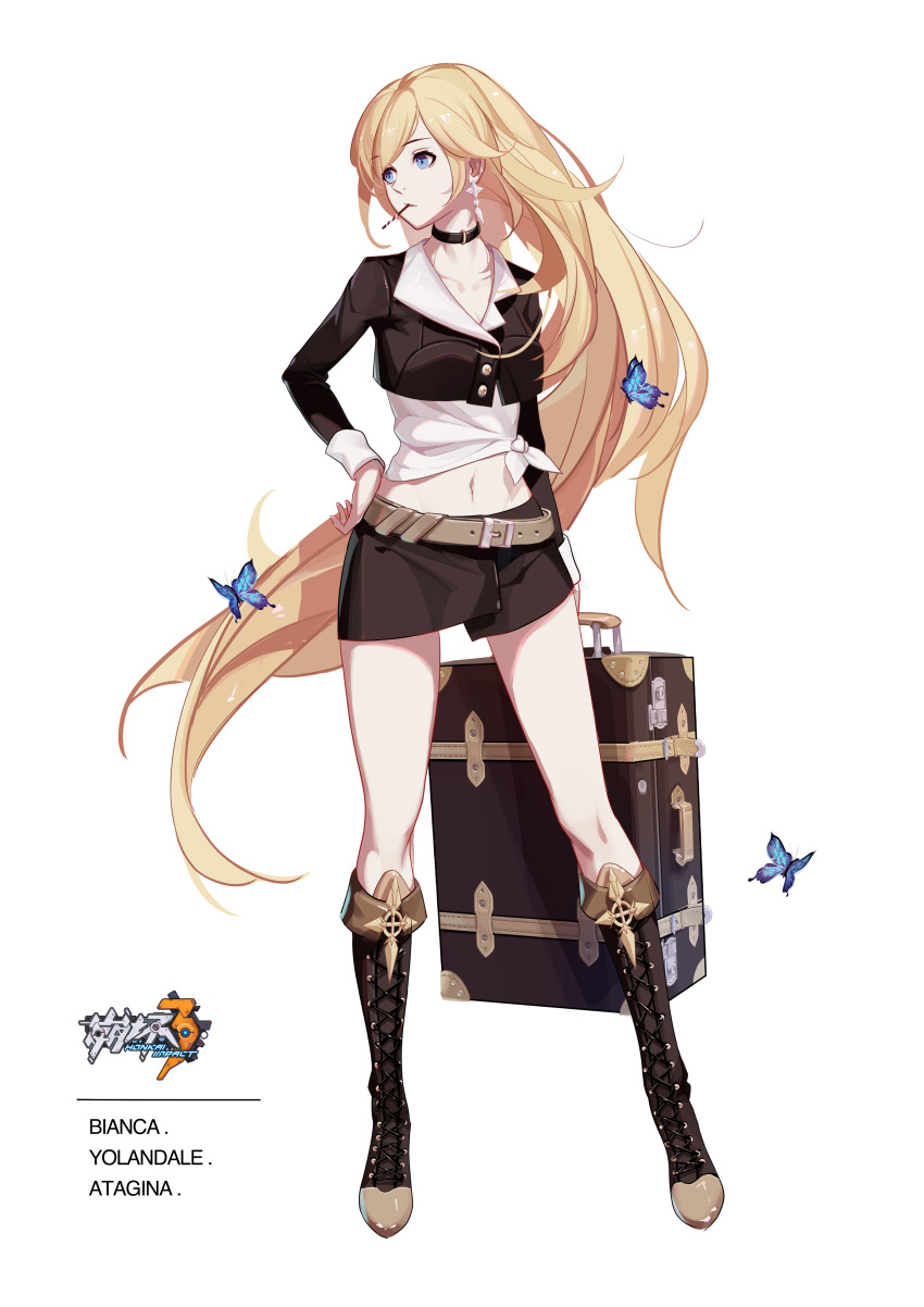 1girl, absurdres, belt, benghuai_xueyuan, blonde_hair, blue_eyes, boots, breasts