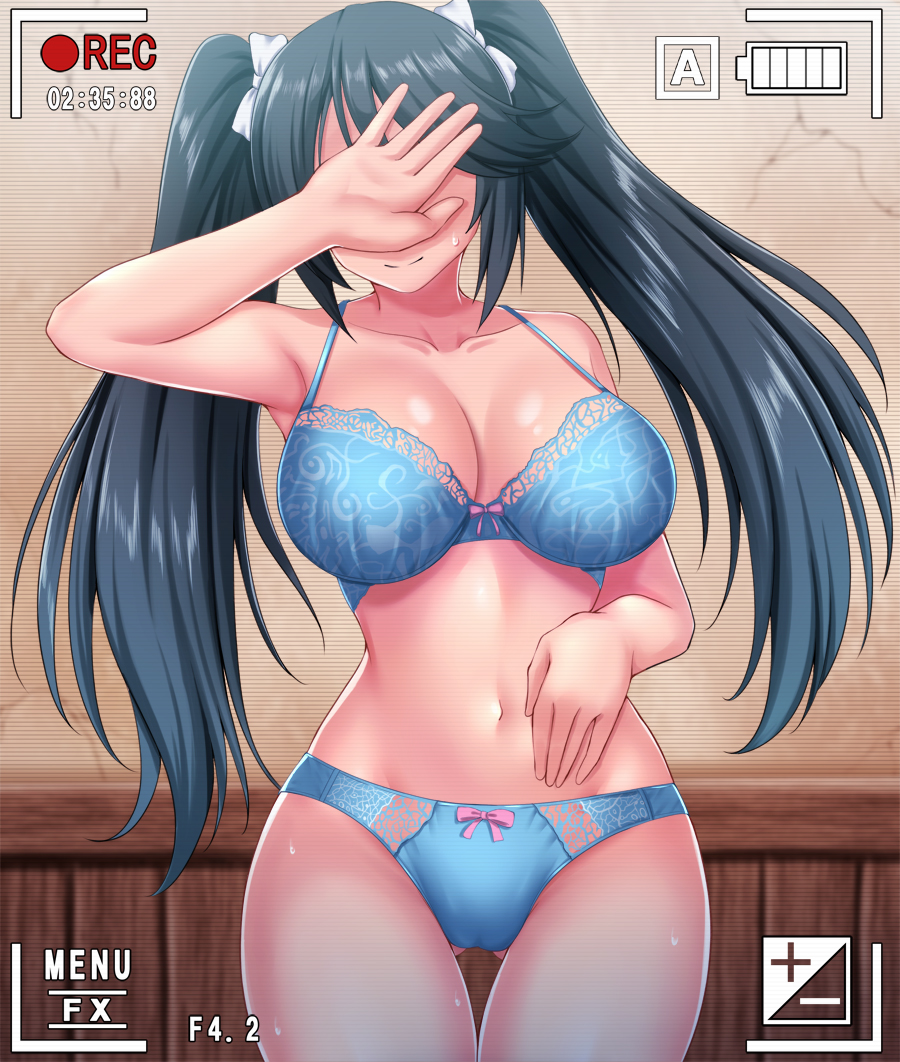 1girl, black_hair, blue_bra, blue_panties, blush, bra, breasts, isuzu_(kantai_collection)