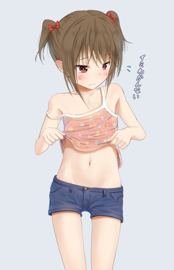 1girl, bangs, bare_arms, bare_shoulders, blue_shorts, blush, bow, brown_camisole, brown_hair, camisole, camisole_lift, closed_mouth, commentary_request, eyebrows_visible_through_hair, flying_sweatdrops, grey_background, hair_between_eyes, hair_bow, lifted_by_self, midriff, navel, original, red_bow, red_eyes, sakazakinchan, short_shorts, shorts, sidelocks, simple_background, solo, sweat, translated, twintails, wavy_mouth