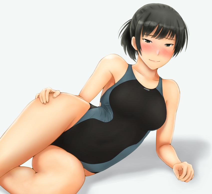1girl, amagami, black_eyes, black_hair, blush, breasts, competition_swimsuit, cowboy_shot, grey_swimsuit, large_breasts, looking_at_viewer, lying, makuwa_(user_dvft3725), nose_blush, on_side, one-piece_swimsuit, ponytail, shadow, short_hair, simple_background, solo, swimsuit, tsukahara_hibiki