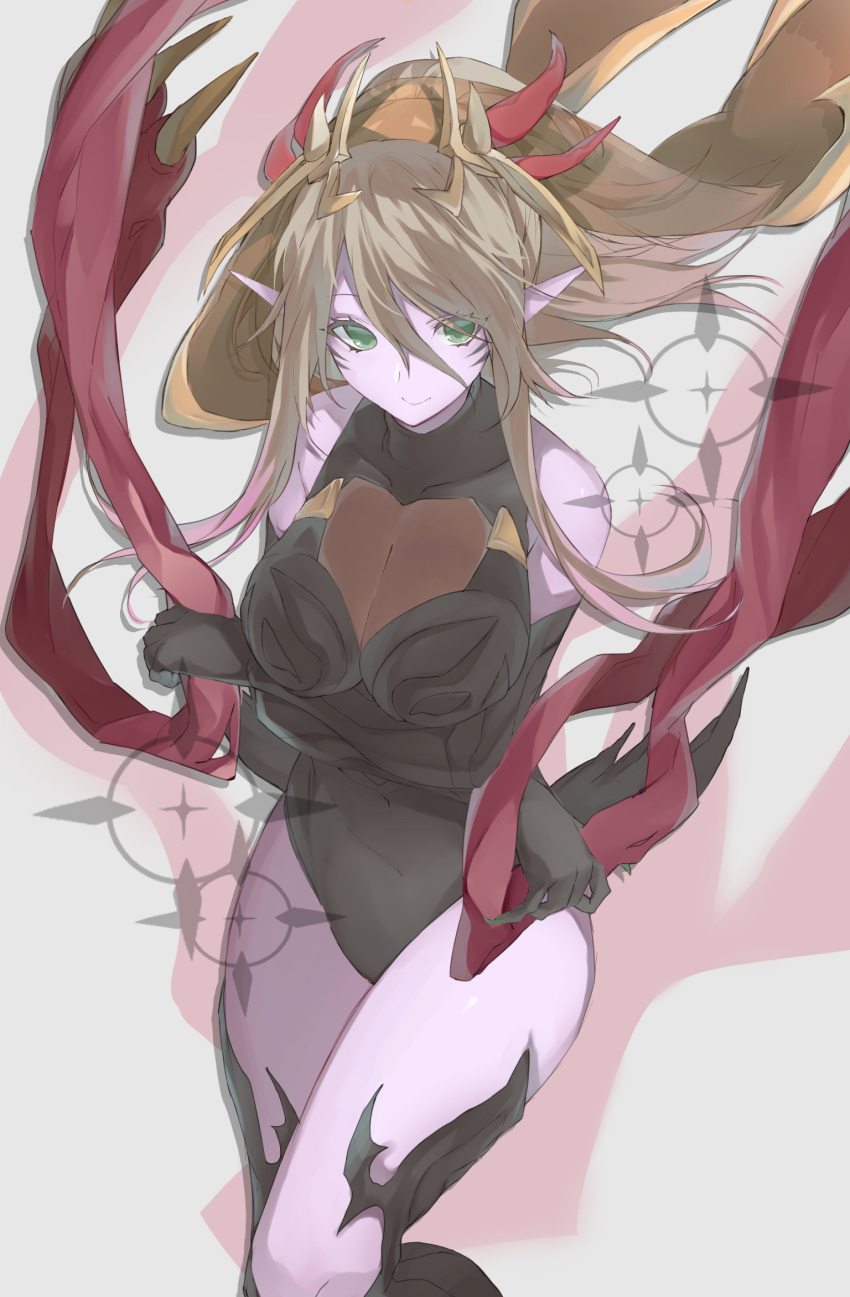 1girl, armored_leotard, bangs, bare_shoulders, black_footwear, black_gloves, black_leotard, boots