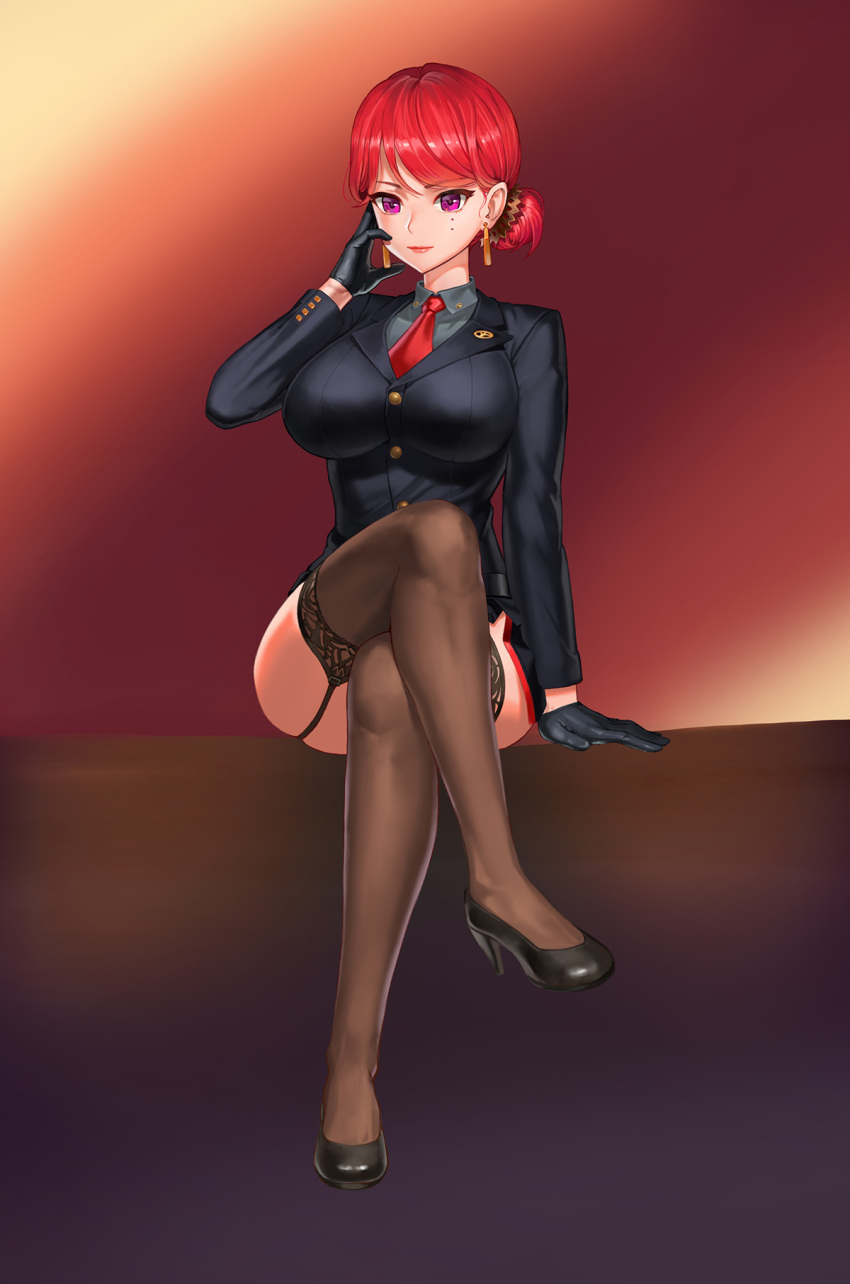 1girl, belt, black_gloves, black_skirt, breasts, c-77_hongryeon, crossed_legs, earrings