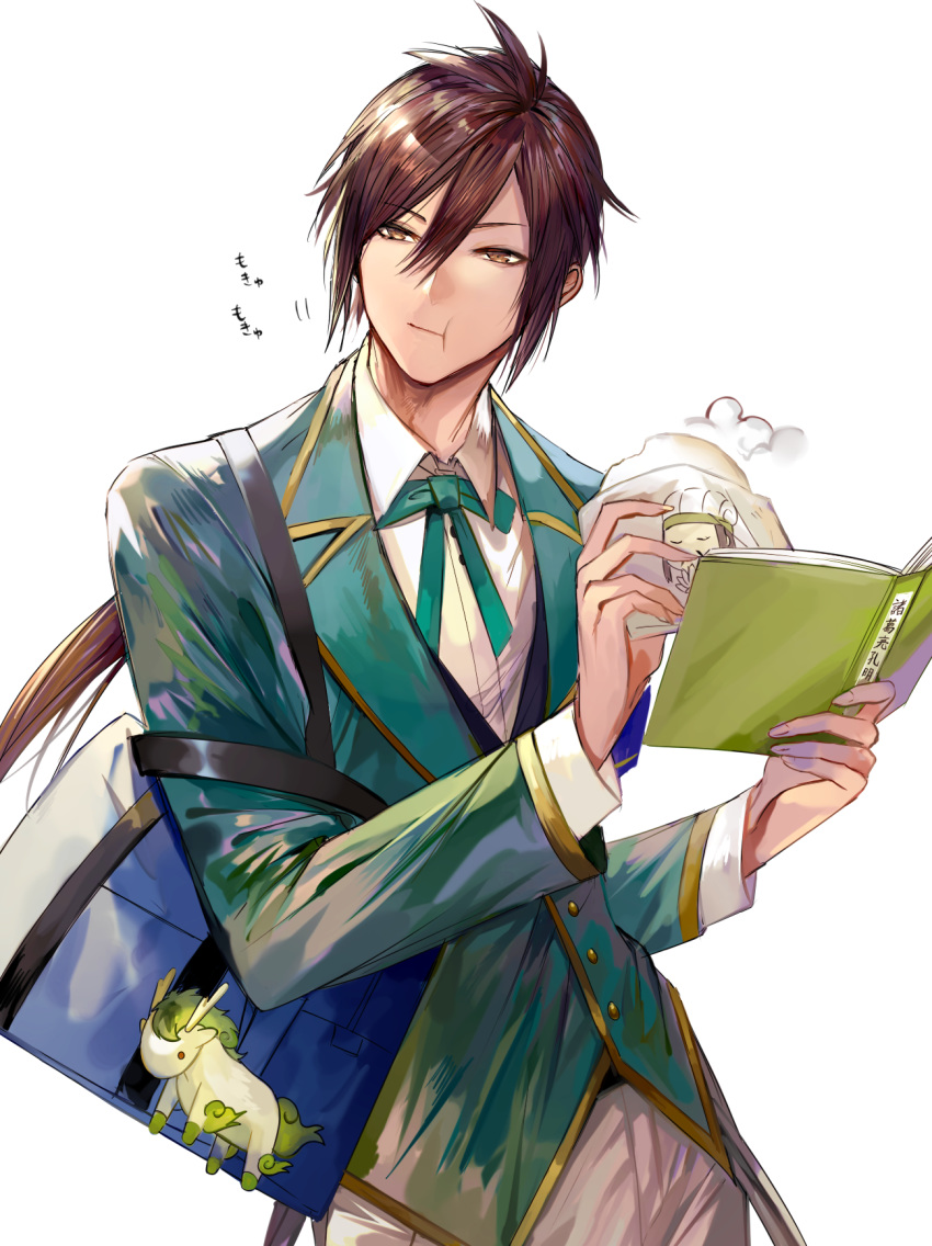 1boy, bag, baozi, book, border0715, brown_eyes, brown_hair, buttons