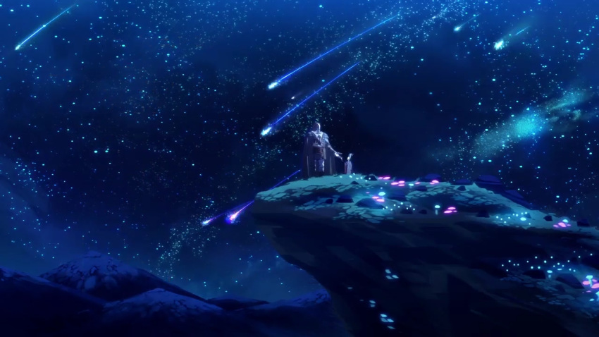 ahmadgruz2000, cape, cliff, golem_(somali_to_mori_no_kami-sama), mountain, night, night_sky, scenery