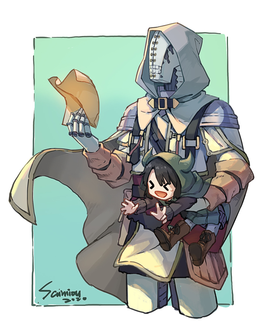>_<, :d, artist_name, black_hair, boots, brown_footwear, cape, carrying_under_arm