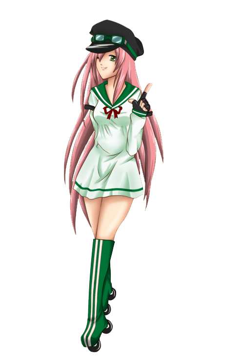 air_trecks, double_vertical_stripe, dress, fingerless_gloves, gloves, goggles, green_eyes, hat, inline_skates, long_hair, peaked_cap, pink_hair, pointing, roller_skates, sailor_dress, school_uniform, serafuku, simca, skates, smile, solo, thighhighs, very_long_hair, wink, zettai_ryouiki