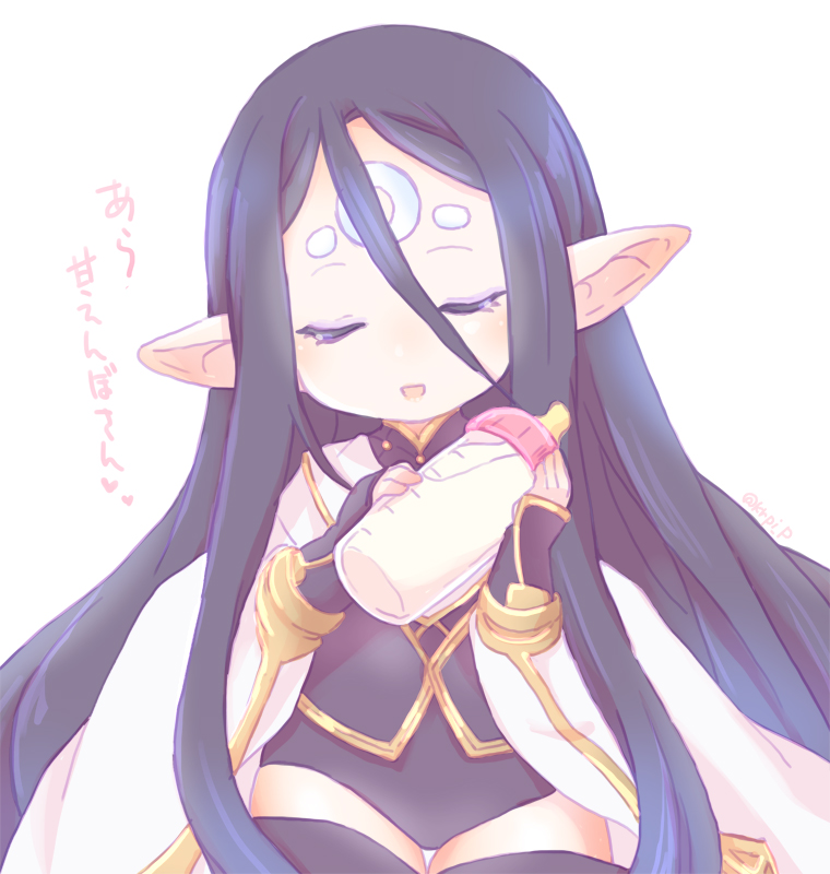 1girl, absurdly_long_hair, baby_bottle, black_hair, black_legwear, bottle, closed_eyes, granblue_fantasy