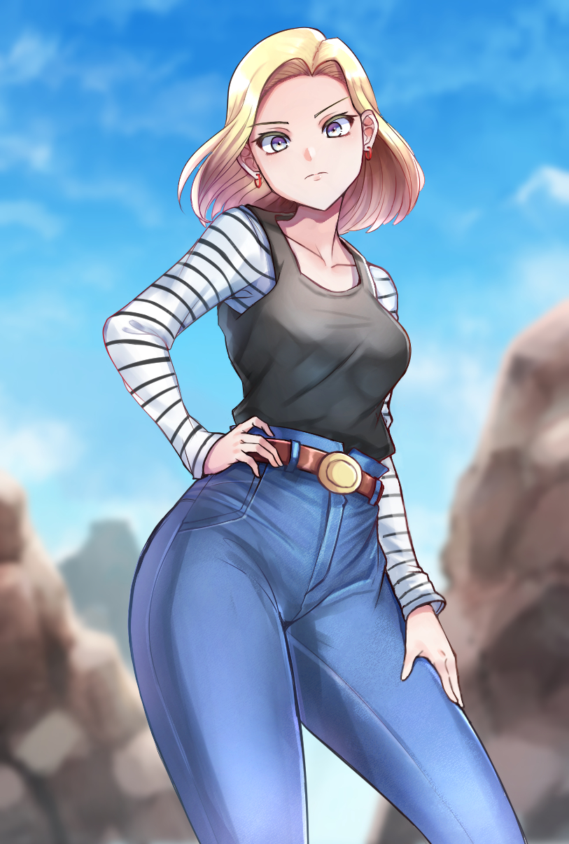 1girl, android_18, belt, belt_buckle, blonde_hair, blue_sky, breasts, buckle